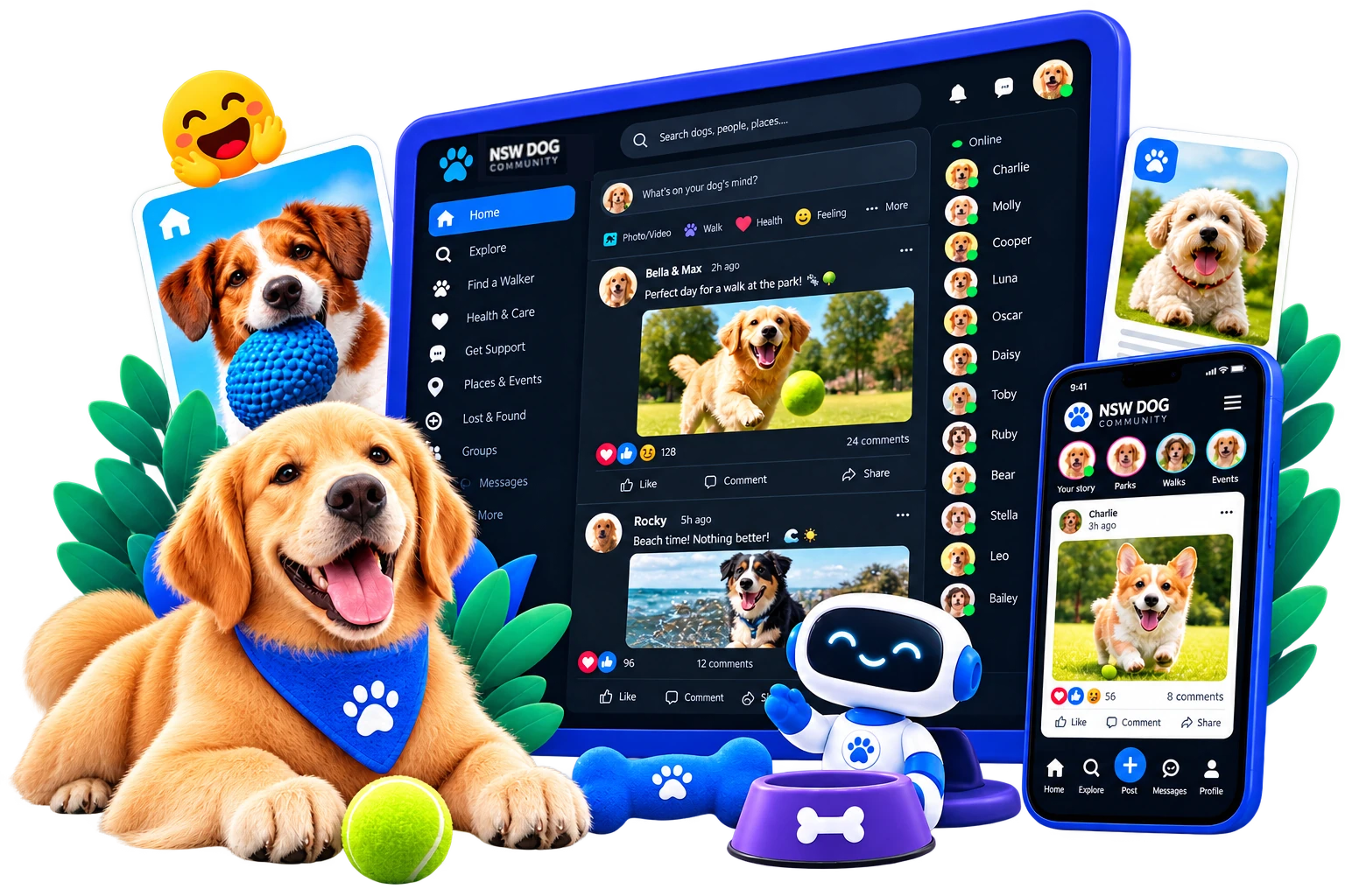 Dogs, people and a dog-focused social network shown across connected devices